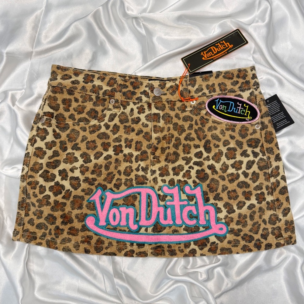 Von Dutch Leopard Denim Mini Skirt
